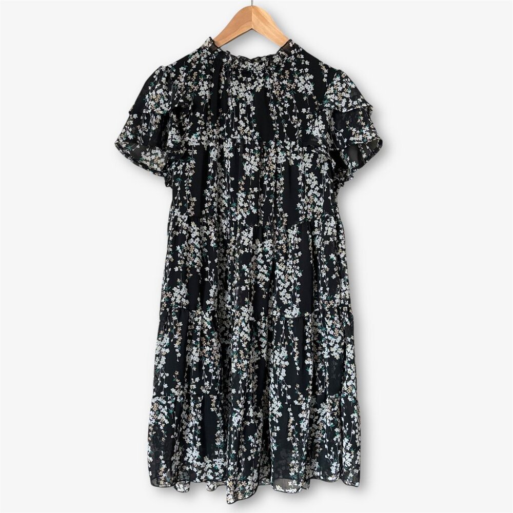 Seasty Tiered Ruffle Ditsy Floral Black Mini Dress Boho Cottagecore Womens Small
